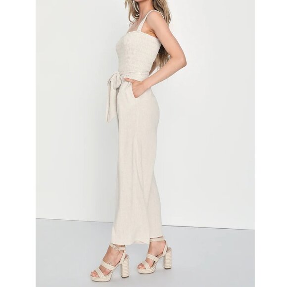 NWT Lulu’s Summer Moments Linen Smocked Wide-Leg Jumpsuit in Beige | Size S - Picture 6 of 6